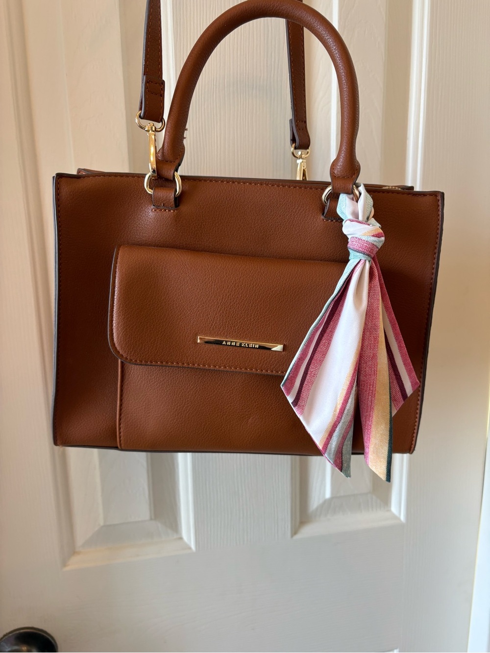 Anne Klein Brown Satchel with Striped Scarf Accent